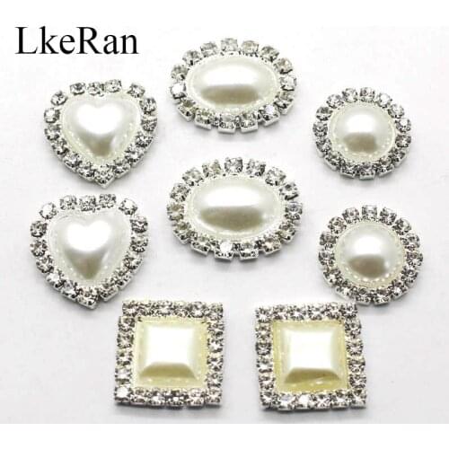 LKERAN NEW 10Pcs Ivory/ White Faux Pearl Metal Button Flat back Rhinestone Floral Center Scrapbooking Diy intimate Accessories