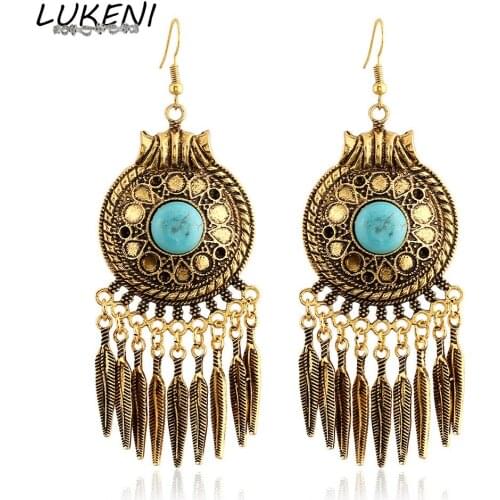 LUKENI 2017 Fashion Tassel Earrings Vintage Ethnic Feather Leaves Drop Earrings Long Dangle Earrings for Women Jewelry DE041