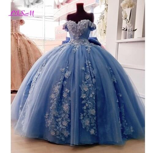Mexican Dusty Blue Quinceanera Dress with 3D Floral Applique Sweet 16 Dress Bow robe de soirée