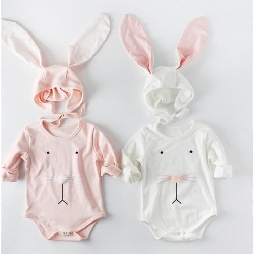 Cute Spring Newborn Baby Girl Clothes Cartoon Rabbit Ear Hat Baby Girl Bodysuits 2pcs Set Long Sleeve Cotton Infant Jumpsuit