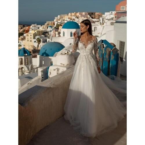 Fashion Lace Long Sleeve Wedding Dresses 2020 Vistido De Casamento Illusion Back Bridal Dresses Custom Made