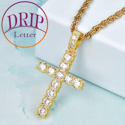 Zircon Cross Pendant Gold Color Iced CZ Necklace Mens Hip Hop Rock Street Jewelry