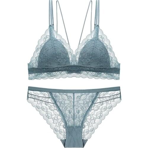 2020 New Fashion Sexy Lace Strap Wireless Bra Thin Cotton Pad Triangle Cup Underwear Set Dew-proof Lady Comfort Underwear