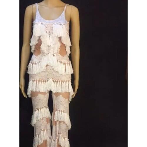 2020 Womens NEW Sexy Nightclub Bar White Sexy Fringe Bodysuit Custom Dance Costume Party Celebration Birthday