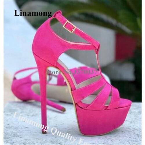 Linamong Charming Open Toe Suede Leather High Platform Stiletto Heel Sandals Rose Red Super High Heel Sandals Formal Dress Shoes