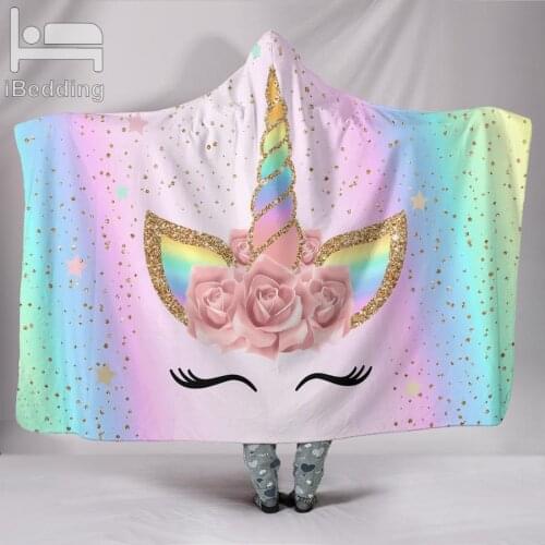 Champagne Flower Unicorn Spot Pattern 3D Printed Plush Hoodie Blanket for Adults Kid Warm Wearable Fleece Throw Blankets