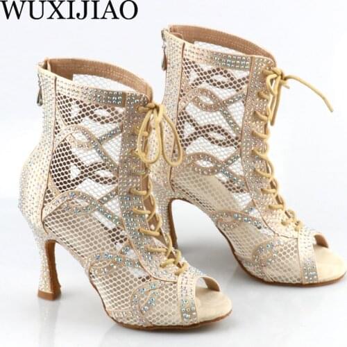 Female High Top Latin Dance Shoes Grey Rhinestone Ballroom Dance Shoes Salsa Tango Dance Shoes Soft Sole Party Sandals