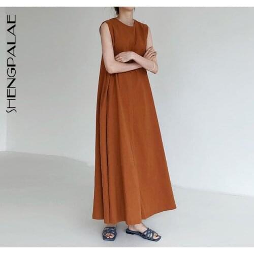 SHENGPALAE 2021 Dress Chic Loose Swing Sleeveless Mid-length Cotton Linen Long Dress Sleeveless High Waist Women Runway Dress