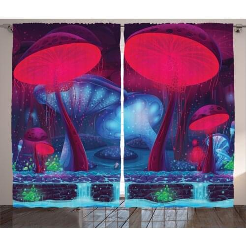 Psychedelic Curtains Trippy Mushrooms in Modern Tones Satin Fabric Drapes for Living Room Bedroom 2 Panel Window Set