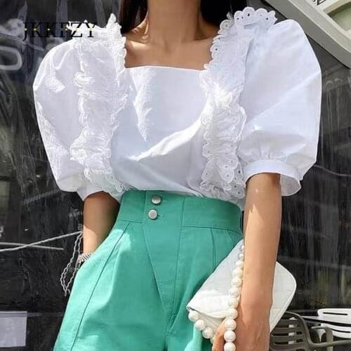 Womens Sweet Ruffled Hollow Lace Square Collar Bud Shoulder Short Shirt Top Summer Fashion White Lace Stitching Blouses