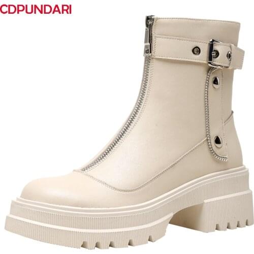 Ladies Black White Genuine Leather High Heels Platform Ankle Boots For Women Autumn Winter Punk Motorcycle Short Boots Shoes