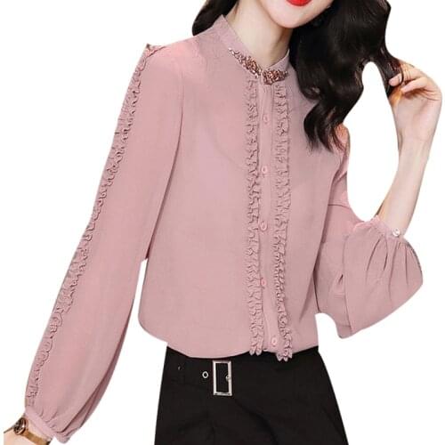 Womens Spring Autumn Lace Blouses Shirt Womens Long Sleeve Solid Color Button Korean Casual Tops SP811