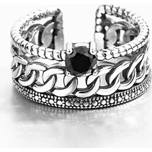 Sole Memory Multilayer Wave Twist Retro Thai Silver Black Crystal 925 Sterling Silver Female Resizable Opening Rings SRI494