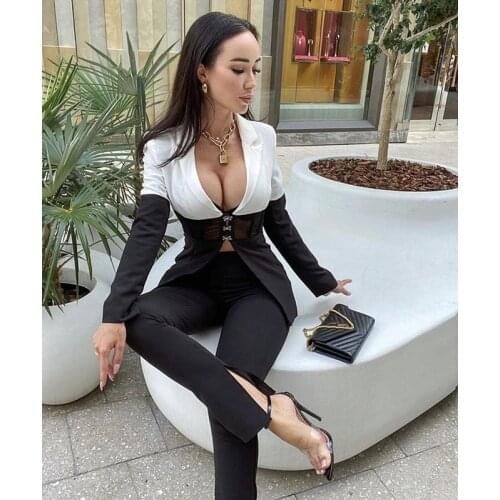 Women Winter Sexy Long Sleeve Patchwork Black White Two Piece Set 2020 Celebrity Designer High Street Womens Set