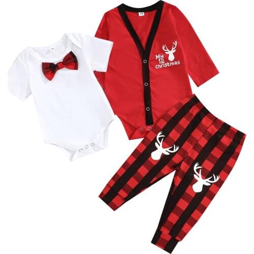 FOCUSNORM 3 Colors Christmas Baby Boys Gentleman Clothes Sets 3pcs Single Breasted Coat+Bow Tie Jumpsuits Plaid Romper Pants