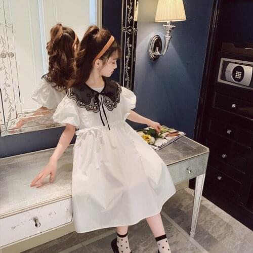 Summer New Little Girl Lace Collar Cotton Dress Fashionable Loose Girls Clothes Meisjes Jurk Kids Costume