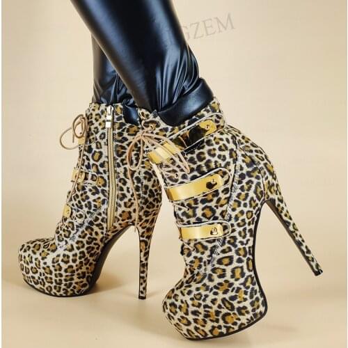 LAIGZEM Women Ankle Platform Boots Leopard Pathwork Zip Up Faux Suede Botines Short Booties Ladies Shoes Woman Big Size 44 47 52