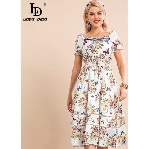 LD LINDA DELLA 2021 Womens Summer Floral Vintage Party Dress Fashion High waist Beading Printed Elegant Vacation Midi Dress