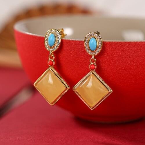 Natural 925 sterling silver gilt inlaid turquoise diamond amber individuality retro amber women earrings 925 earrings
