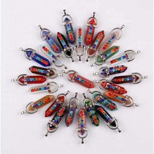Natural Stone Hexagonal Column Bullet Seven Chakras Colorful Drill Pendant Charms Jewelry Making DIY Necklace Accessories Wicca