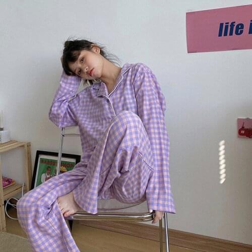 Sleepwear Korean Purple Grid Girls Pajamas Set Cute Winter Long Sleeve Leisure Sleepwear For Women Loose Nightwear Homewear Suit