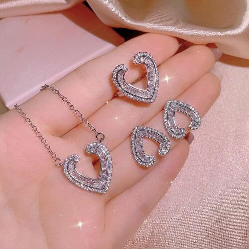Independent design new silver inlaid heart-shaped necklace earrings ring set sparkling exquisite bridal wedding accessories