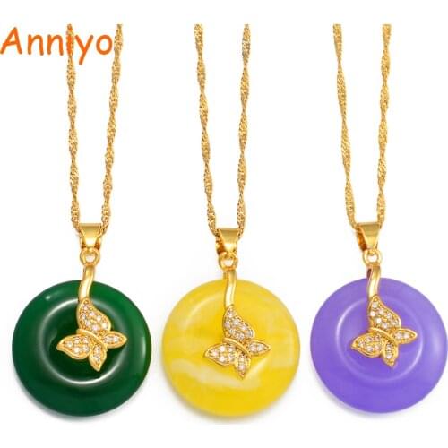 Anniyo Round Butterfly Colored Stones Chinese Pendant Neckalces Green/Yellow/Purple Traditional Culture Jewelry style #020707