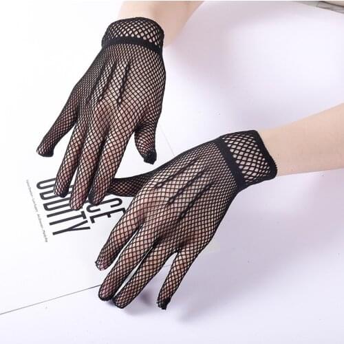 Women Bridal Sexy Hollow Out Fishnet Full Fingered Gloves Wrist Length Elastic Solid Color Sunscreen Mittens Wedding Party