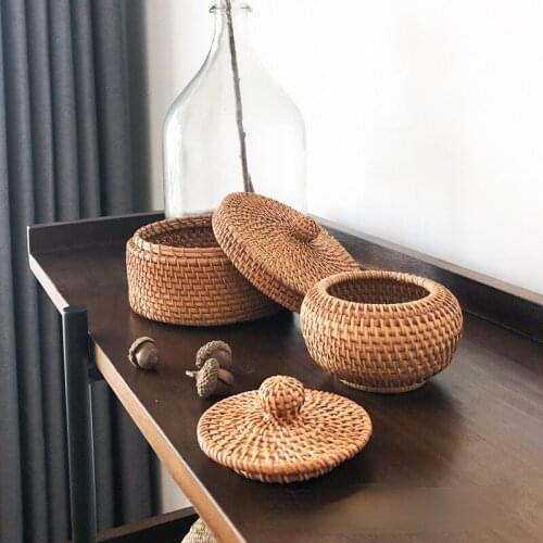 Rattan Desktop Storage Box Candy Snack Small Turnover Basket Storage Covered Sundries Woven Jewelry Basket
