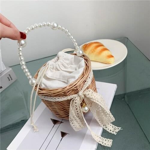 Casual Pearl Handbags Fashion Drawstring Bags for Womens Sandy Beach Tote Bag for Women Summer Purses and Handbag Khaki Bolsas