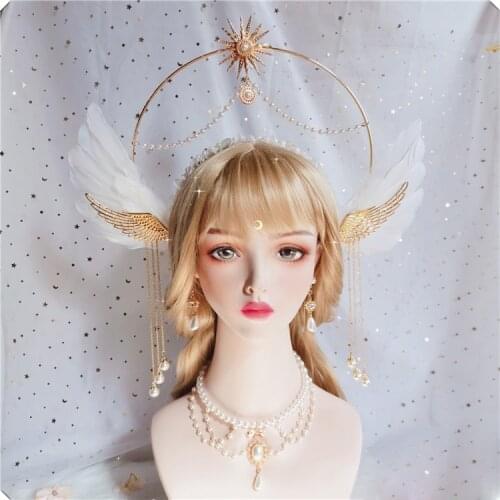 Apollo Angel Feather Wings Virgin Sun Halo Crown Tassel Bead Chain Headband Vintage Mary Baroque Tiara Headwear Tiaras Lolita