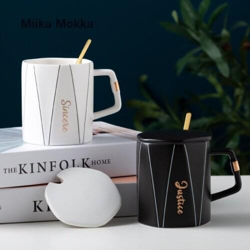 Nordic Style Simple Coffee Mug with Lid Spoon Black White English Print Ceramic Mug Justice Faith Loyalty Coffee Cup Milk Cup