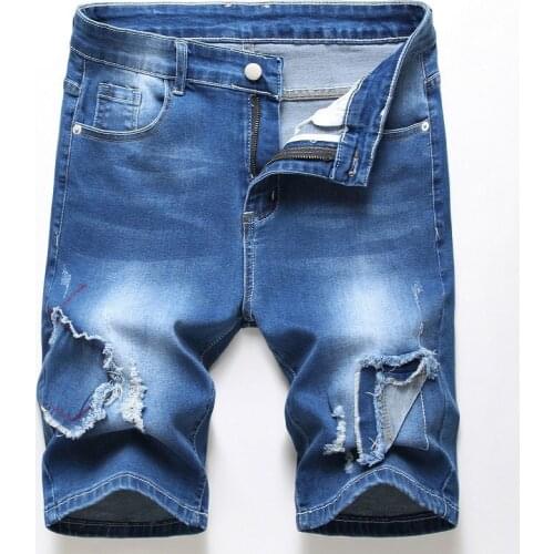 Summer Blue denim shorts male jeans Elasticity Patch men shorts bermuda skate board mens Patchwork ripped Shorts 28-42