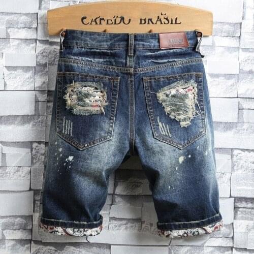 Summer Mens Knee Length Hole Ripped Jeans Shorts Spliced Straight Denim Beach Shorts Plus Size 40 Man Slim Fit Short Trousers