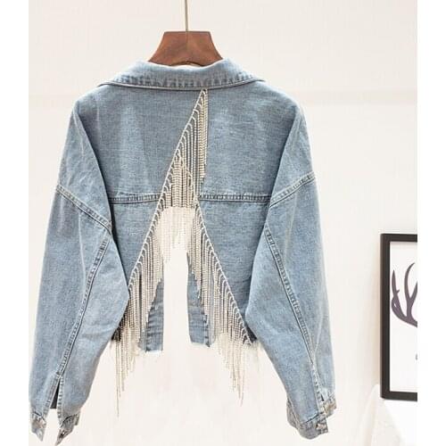 Womens spring autumn casual loose diamonds tassel hollow out denim jacket female high waist plus size jean jacket outwear TB895