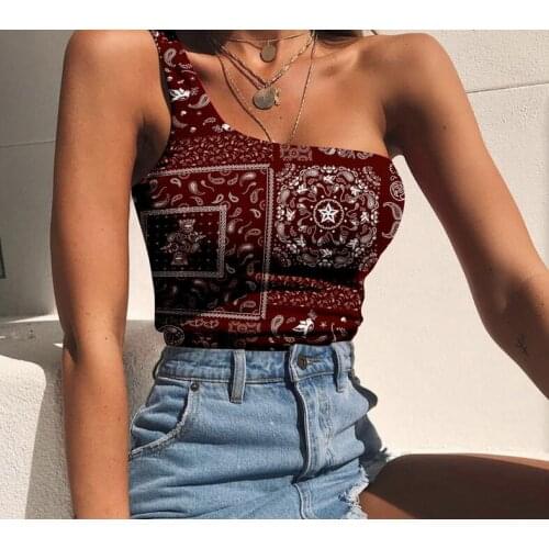 Womens One-shoulder Printed Vest Tank Tops, 2021 Trendy Sleeveless Paisley Print Slim Fit Camisole 3 Colors