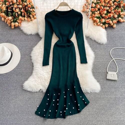 HangCode Romantic Women Beading Mermaid Dress 2021 Autumn Winter Elegant Package Hips Asymmetrical Trumpet Knit Sweater Dress