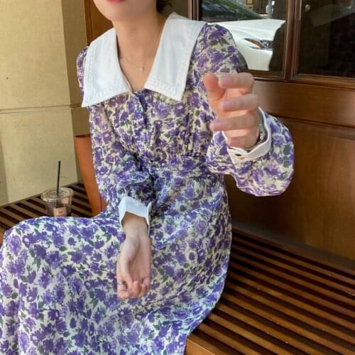 2020 Women Autumn Vintage Elegant Peter Pan Collar High Waist Long Floral Shirt Dress Full Sleeve A-line Gem Buttons