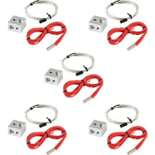 5pcs Aluminum Heater Block for MK7 / MK8 3D Printer and NTC 3950 100K Thermistor 12V 40W 620 Ceramic Cartridge Heater