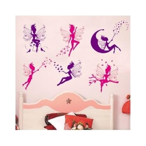 6pcs Pink Purple Fairy Silhouette Angel Wall Sticker Decal Purple Red Home Decal Mural Removable New Style Vinyl Art