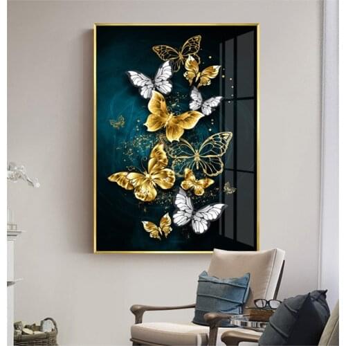 Abstract Golden Blue Butterfly Wall Art Modern Wall Pictures For Living Room Cuadros Salon Big yelloow butterfly Poster n Print