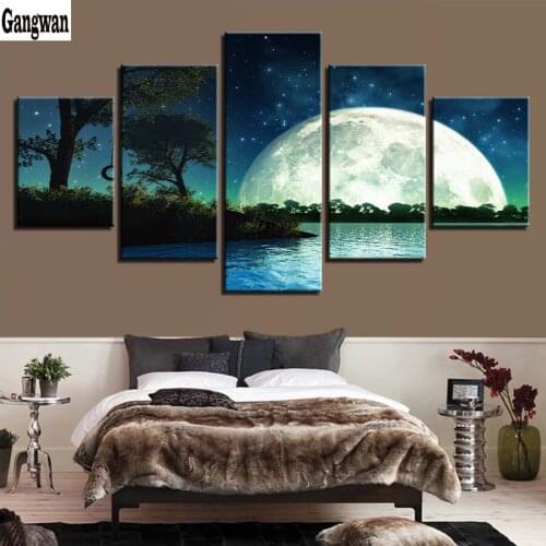 Diamond Embroidery,5pcs Starry Moon Night Lake Trees view,Diamond Painting,Cross Stitch,Diamond Mosaic,5 pcs,romantic decoration