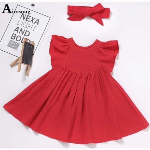 Children Solid Red Sweet Dress Kids Clothes Baby Girls Ruffles Sleeve Casual Dresses Summer 2021 Bandage Short Princess Dress