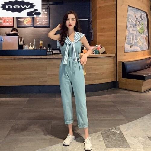 Women Jumpsuit Fashion Loose Fit Ladies Rompers Sleeveless Bow Sashes Jumpsuits With Shawl Spring Summer Womens Overalls