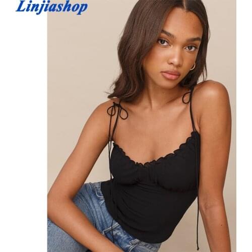 Fashion Ruched Tank Top Elegant Adjust Spaghetti Straps Women Camis Vintage FChiffon Black Slim Women Top