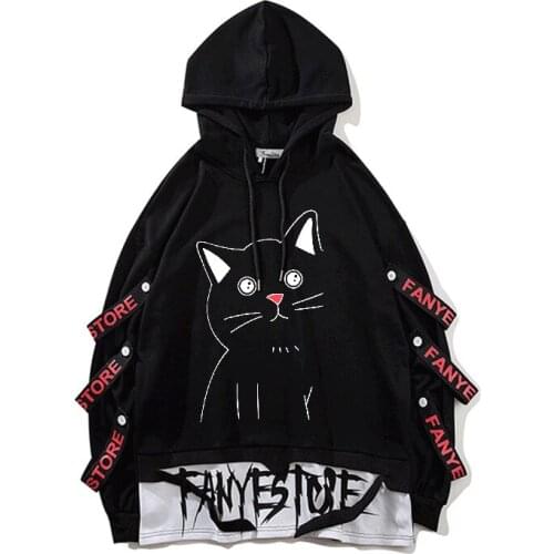 Mens Fashion Oversized Hoodies Printed Red Nose Cat Hip Hop Pullovers Patchwork Pocket Sweater Hoodie Casual Clothes Streetwear
