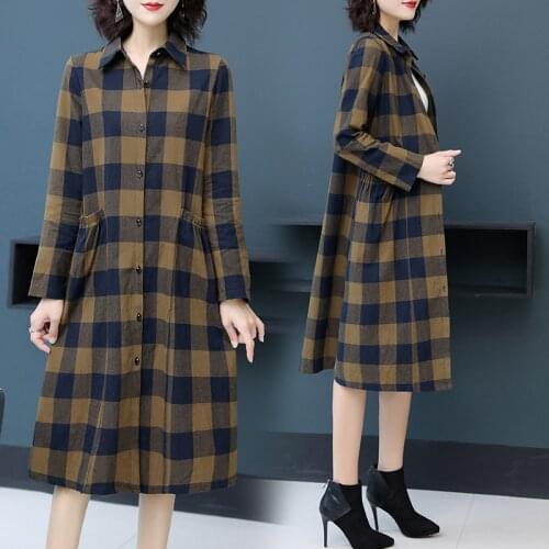 New 2020 Spring Autumn Long Trench Coat for Women Casual Slim Single-breasted Lattice Coat Womens Thin Overcoat with Pocket
