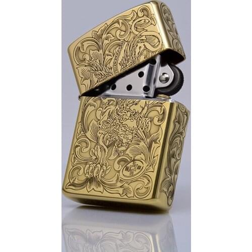 Original ZORRO Lighter Pure Copper Fine Carving Grass Lucky Brave Troops Pattern Kerosene Gasoline Lighter Business Gift