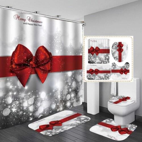 Christmas Red bow knot Printed 180x180cm Shower Curtain Pedestal Rug Lid Toilet Cover Mat Non-slip Bath Mat Set Bathroom