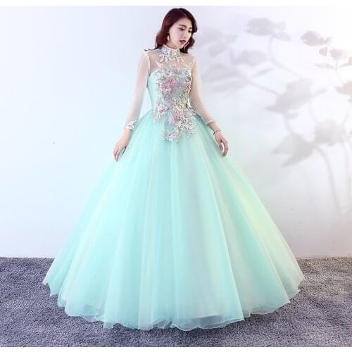 Long Sleeve Quinceanera Dress High Neck Party Dress Ball Gown Eleant Lace Embroidery Quinceanera Dresses Vestidos 2021